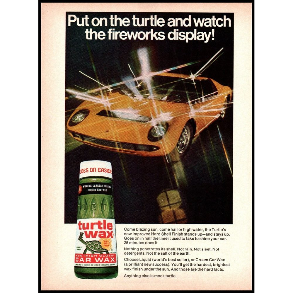 1971 Turtle Wax Green Bottle Vintage Print Ad Ferrari Italy Italian Wall Art 70s